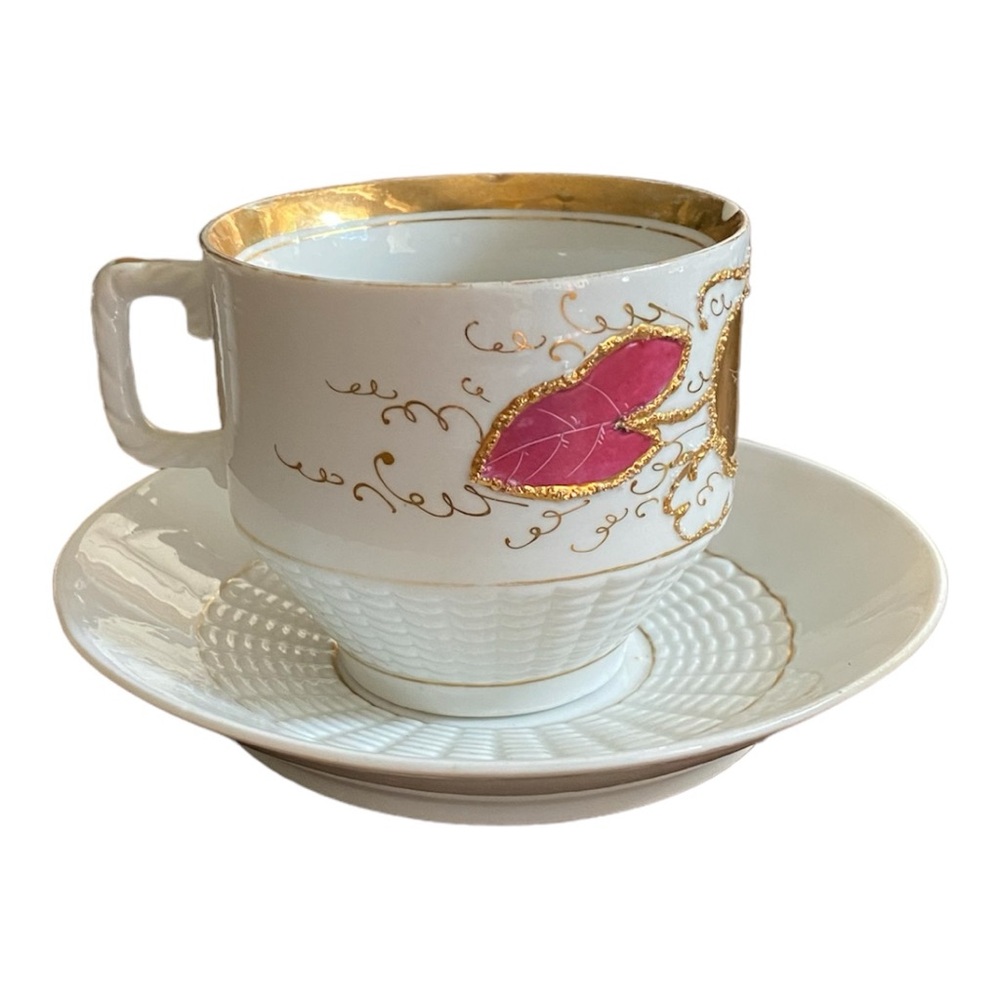 Vintage Moriage Porcelain Coffee Cup Saucer Pink Ivy Heavy Gold